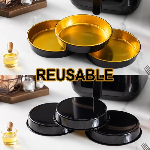 Air Fryer Foil Liners by [Brand Name] - 20 Pack 7-Inch Round Disposable Aluminum Pans | High-Heat Safe, Food-Grade Black & Gold