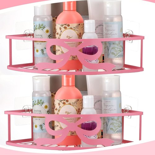 Coquette Corner Shower Caddy - No Drilling Pink Bow Shelves with 5 Adhesive Hooks | 2 Pack for Bathroom & Kitchen Decor