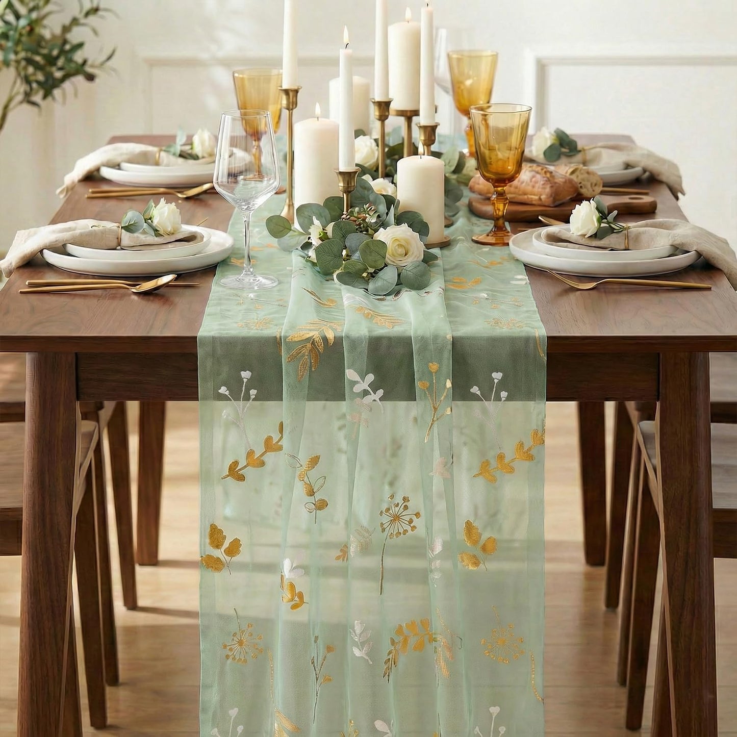 Artoid Mode Gold Floral Leaves Gauze Table Runner 10FT, Glitter Metallic Foil Sheer Dining Wedding Anniversary Birthday Table Decor for Home Party,Sage Green