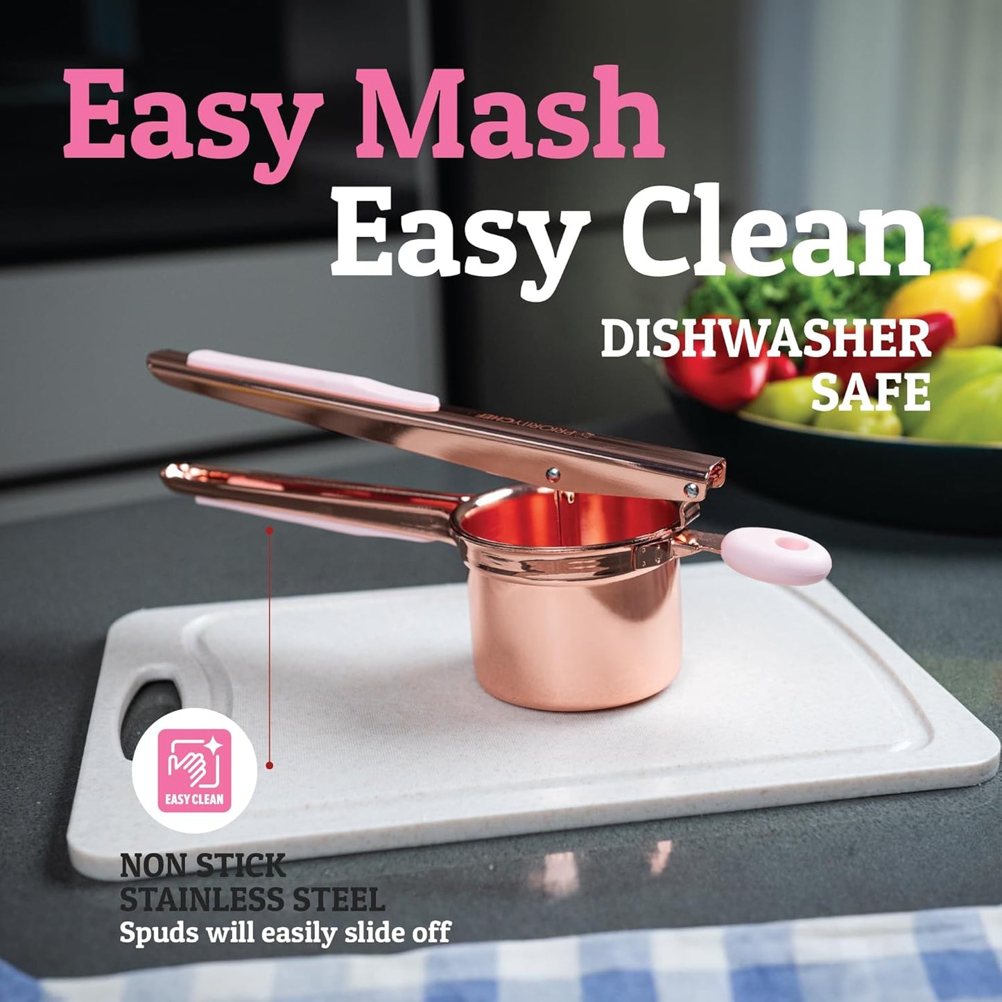 PriorityChef 15oz Potato Ricer - Heavy Duty Stainless Steel Masher for Perfect Mashed Potatoes | Rose Gold & Pink