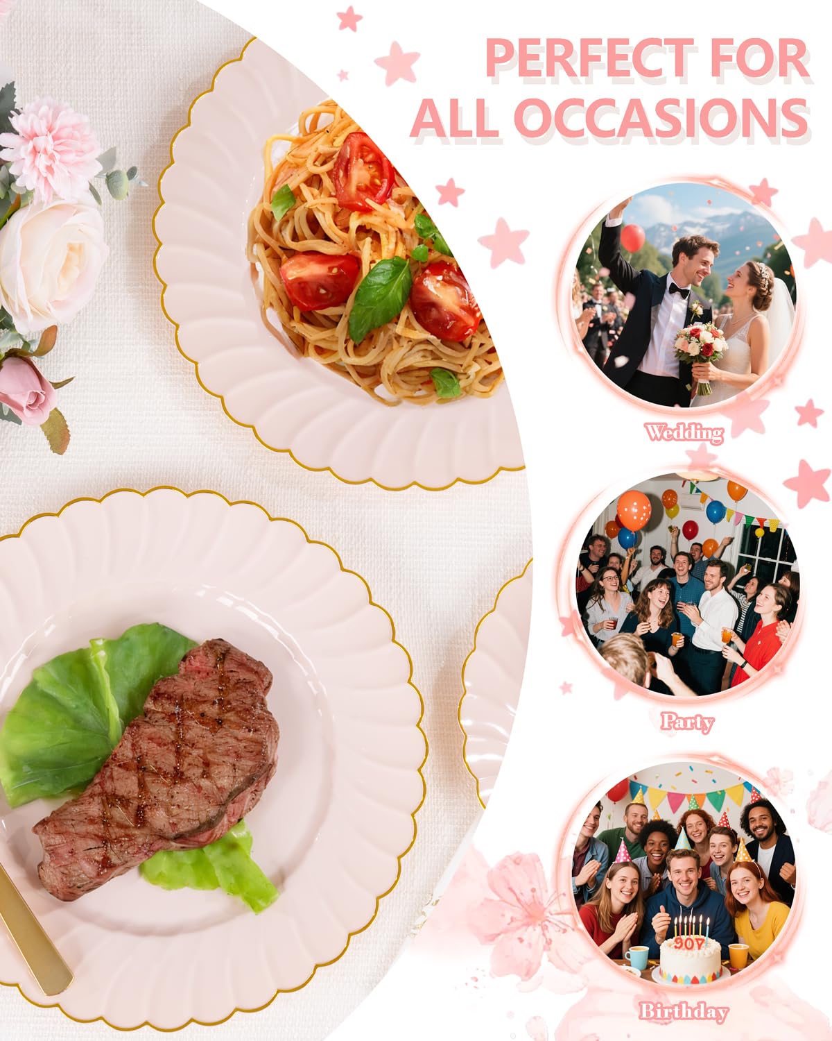 YOUBET 175PCS Pink Scalloped Plastic Plates - Gold Disposable Dinnerware Set Include 50 Plates, 75 Gold Silverware, 25 Cups, 25 Napkins for Party & Wedding & Baby Shower Mothers Day