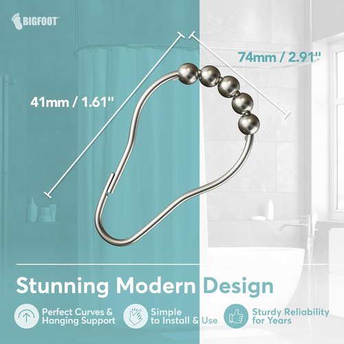 BigFoot Shower Curtain Hooks - 12 Rust-Resistant Stainless Steel Rings for Easy Glide & Secure Hold | Fits Any Shower Rod