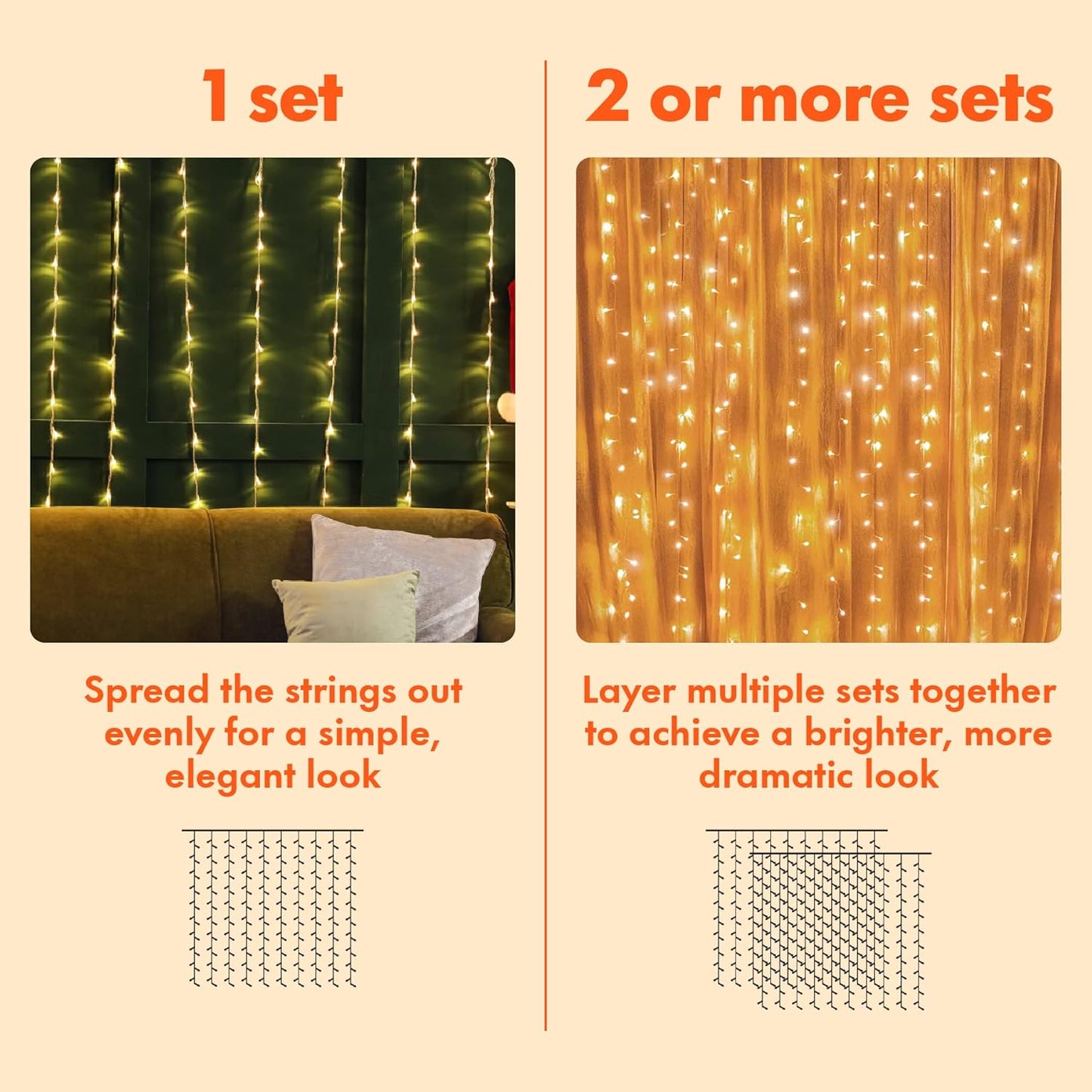 300 LED Twinkle Star Curtain String Lights - Warm White for Wedding, Home & Garden Decor