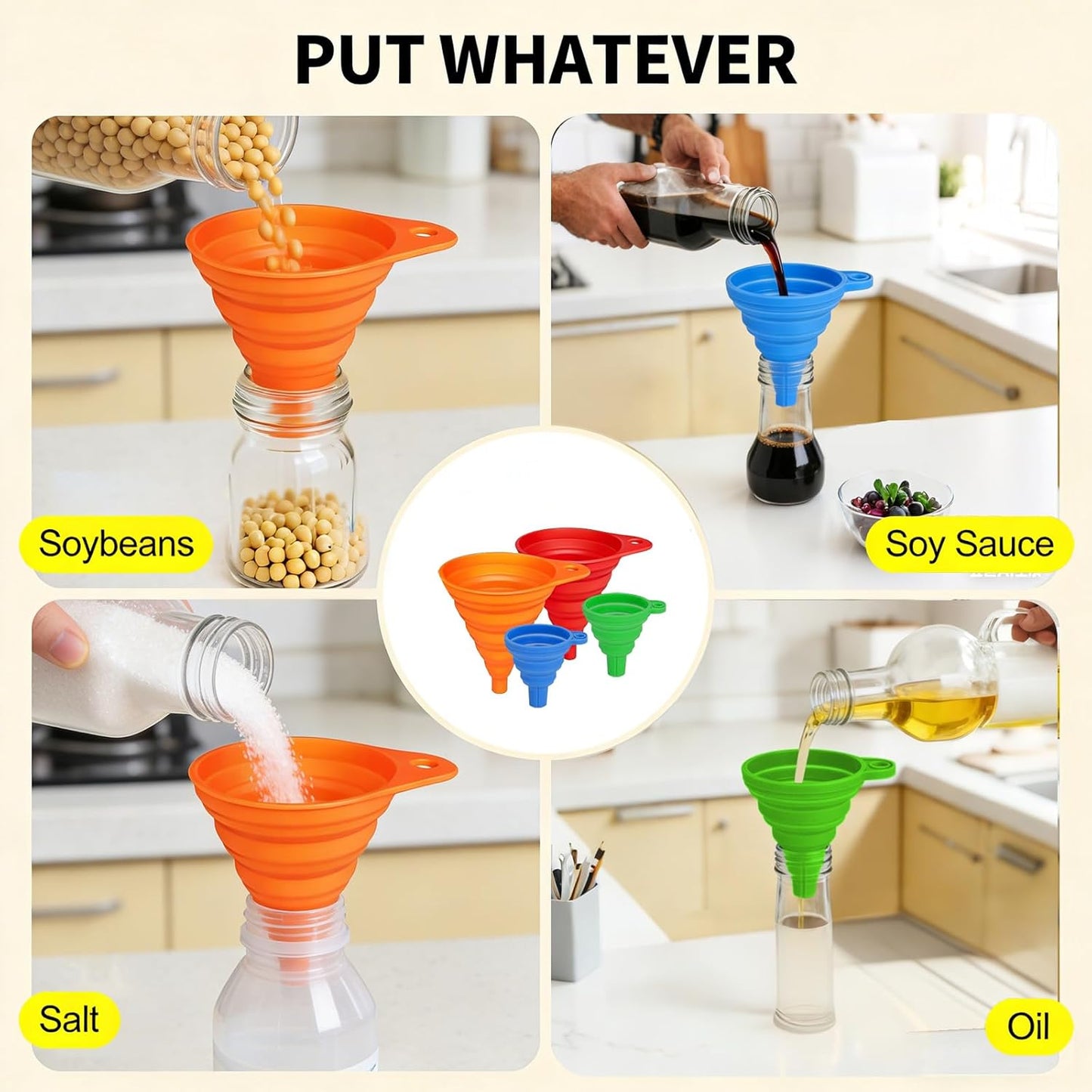 Skiennix 4-Pack Kitchen Funnel Set - Foldable Silicone Collapsible Funnels for Easy Liquid Transfer
