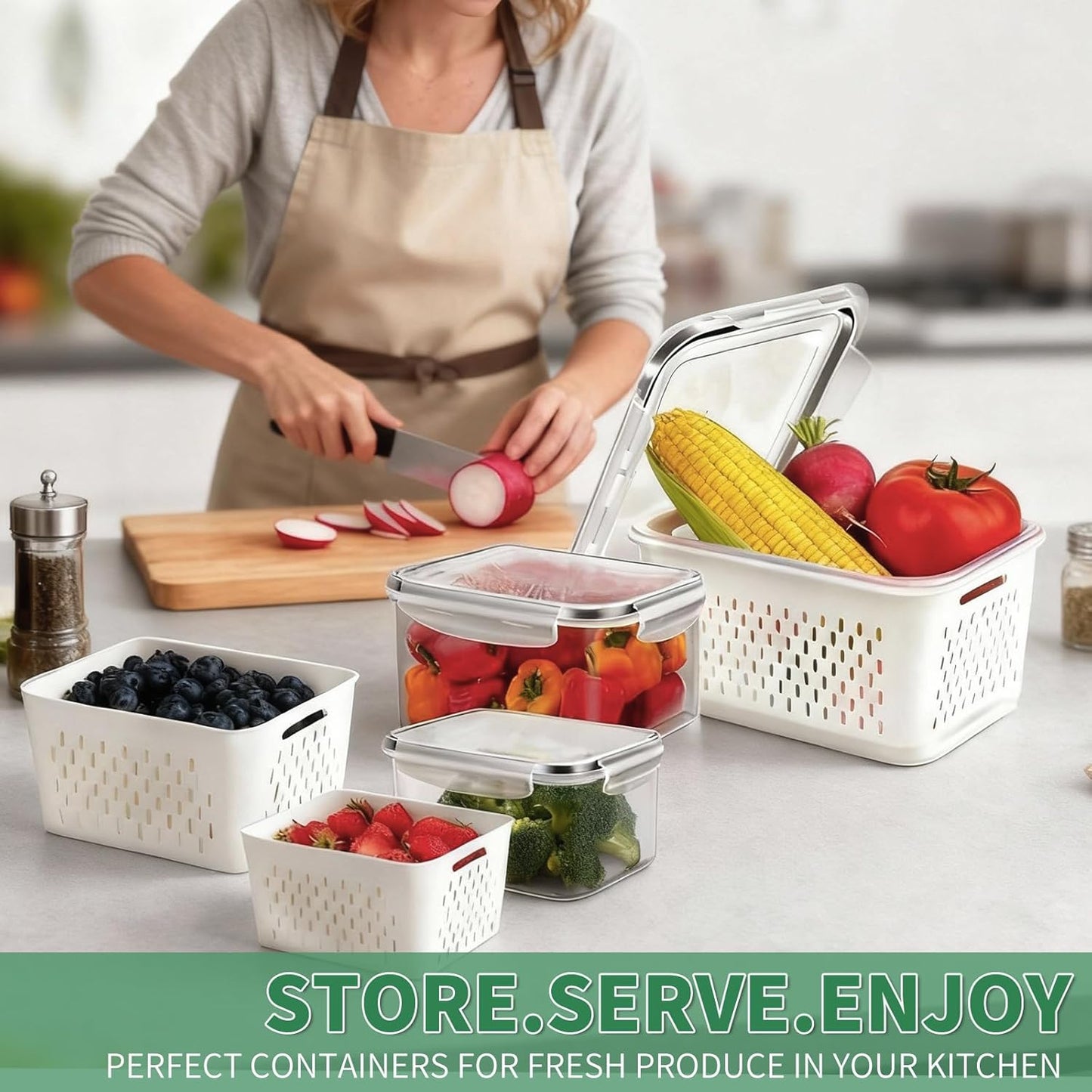 Skiennix Fruit Storage Containers - 3 Pcs Airtight Fridge Containers with Removable Colander Basket