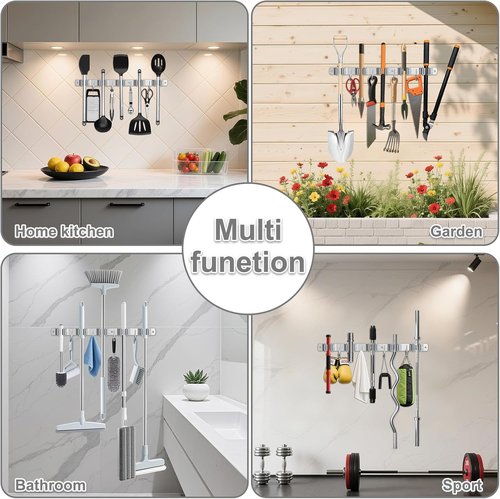 HANZENMA Broom Holder Wall Mount - Heavy Duty Stainless Steel Organizer with 5 Racks & 4 Hooks for Home, Kitchen, Garage