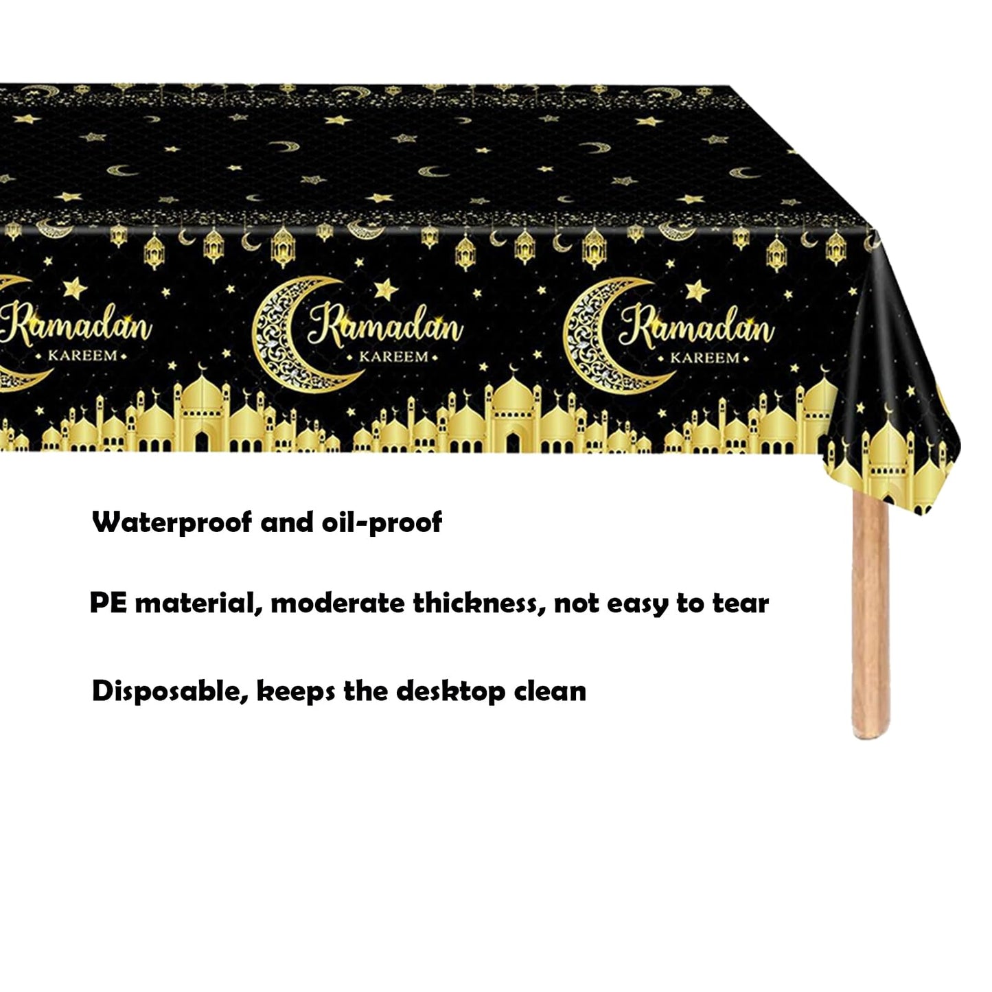 Qpout 3 Pack Ramadan Decorations Ramadan Table Cloth, Black and Gold Ramadan Kareem Table Cover, 54×108 Inch Ramadan Tablecloth, Ramadan Mubarak Table Decorations Eid Decorations, Plastic Disposable