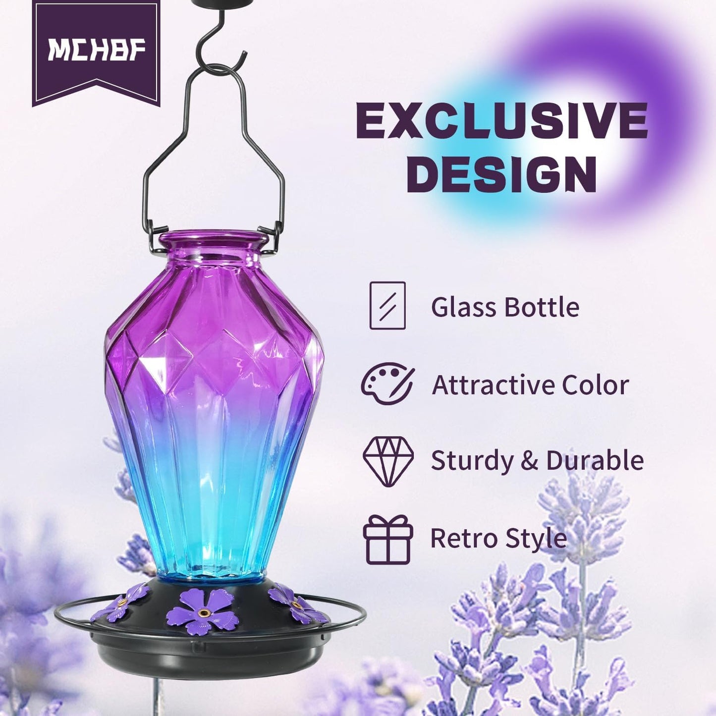 Skiennix Glass Hummingbird Feeder - 25Oz Leak-Proof Nectar Feeder with 5 Flower Ports | Diamond Purple