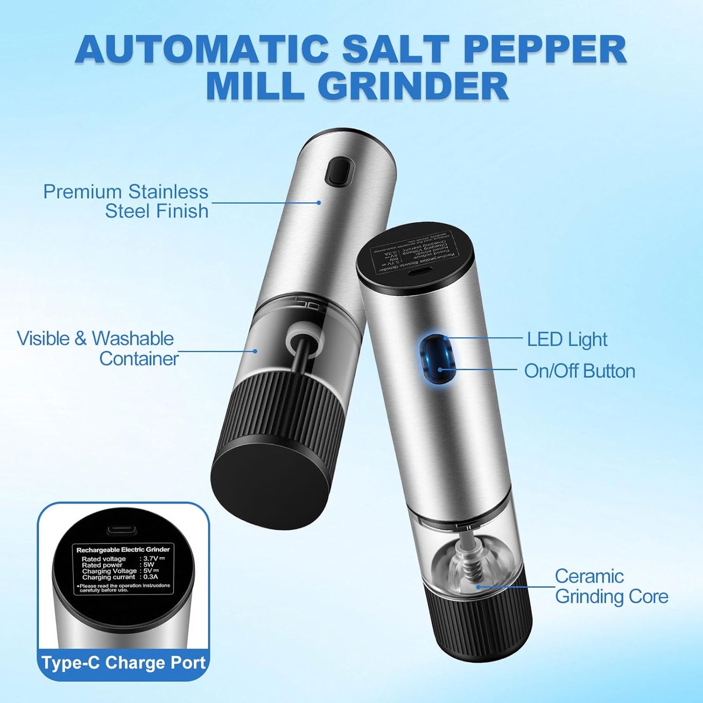 Skiennix Electric Salt and Pepper Grinder Set - 2 Pack with LED Light & USB-C Charging Base, Adjustable Coarseness