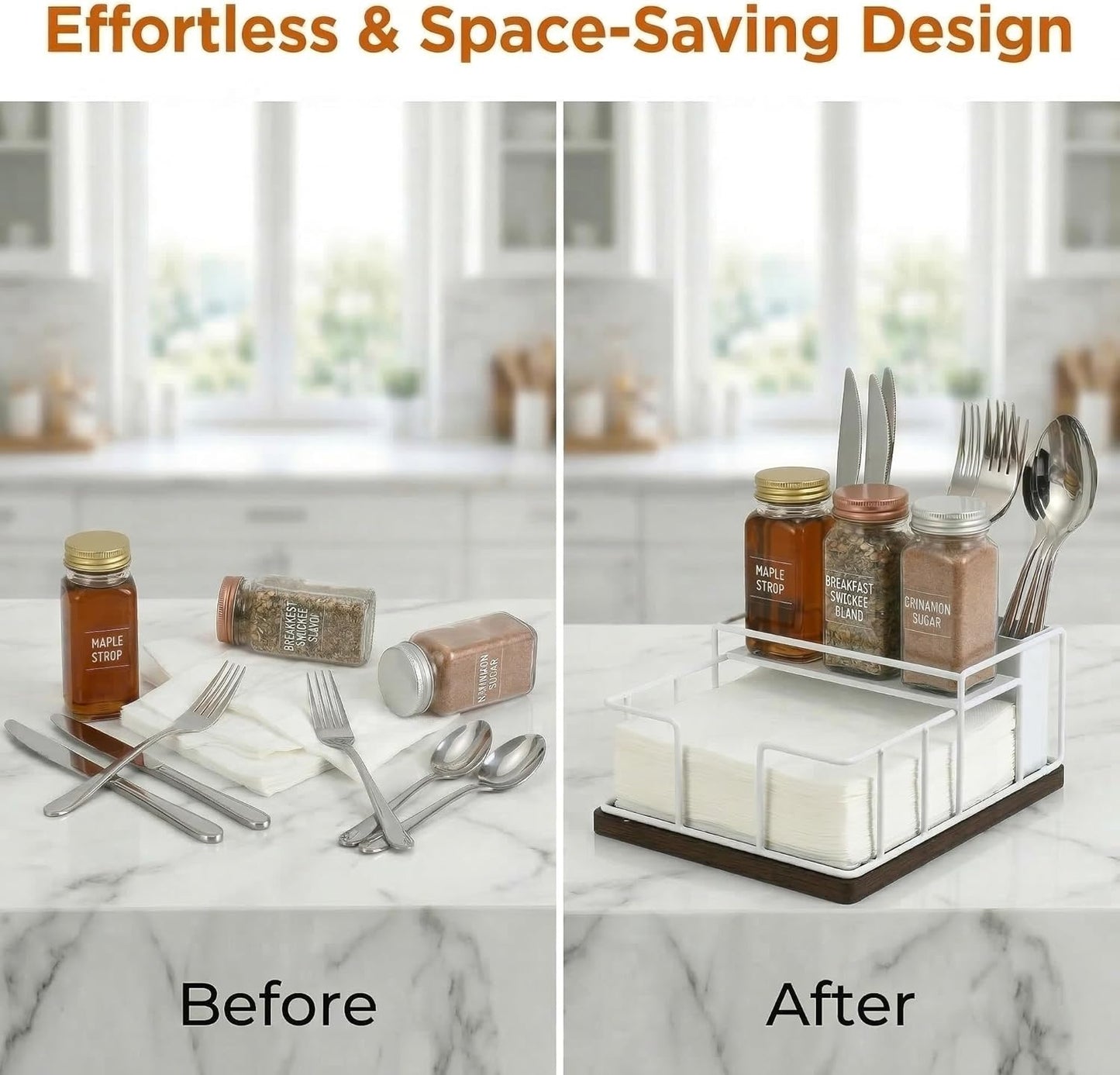 Wood & Metal Napkin Holder by [Brand Name] - 3-in-1 Utensil Caddy & Spice Rack for Kitchen & Patio (White)