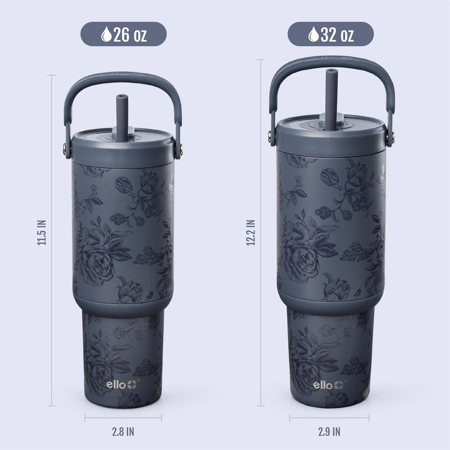 Ello Oasis Go+ 32oz Tumbler with Top Handle and Retracting Straw | Reusable Insulated Stainless Cup, 100% Leakproof Water Bottle, 24 Hours Cold, Cup Holder Friendly For Travel | Porcelain Rose Navy