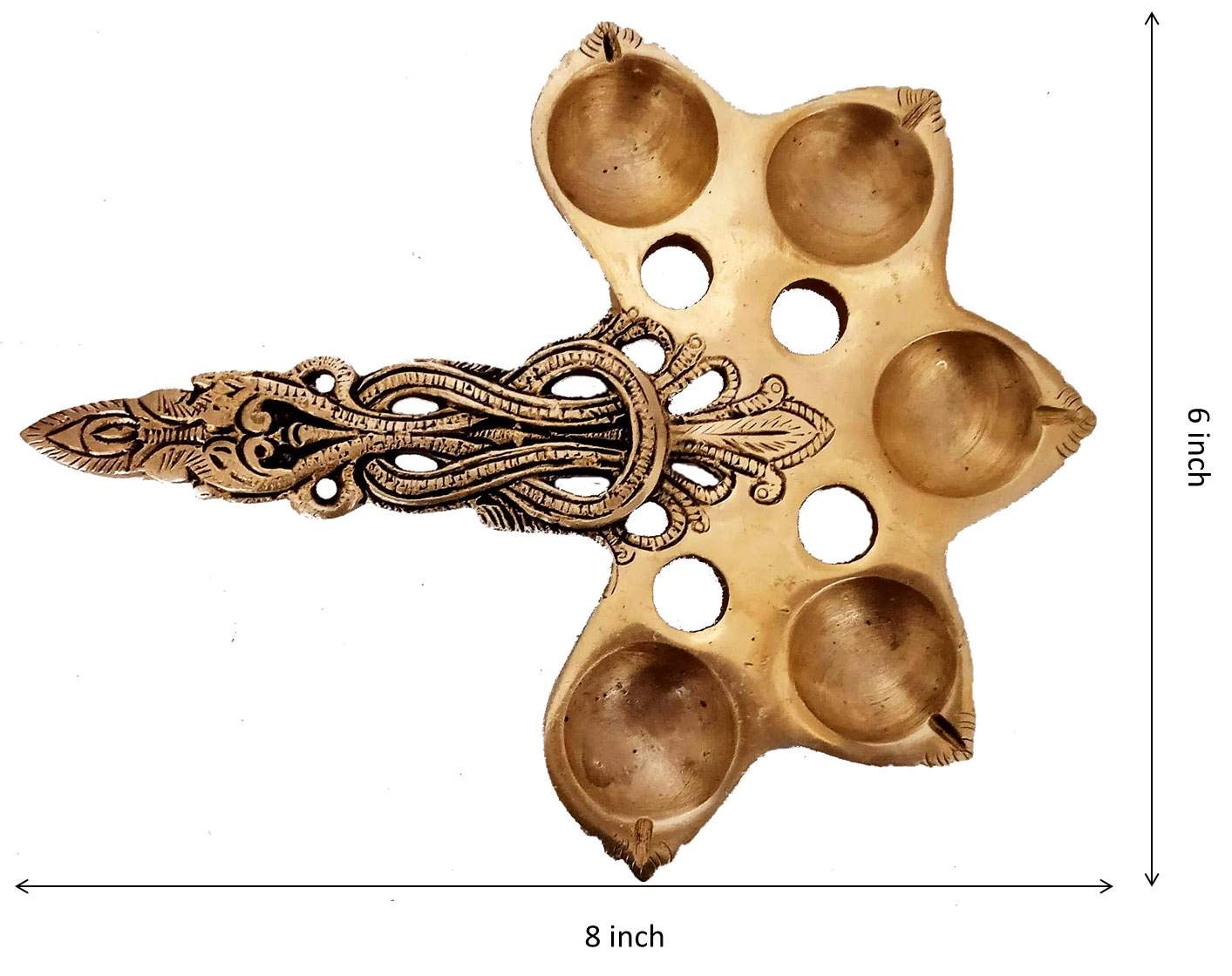 Purpledip Brass 5 Batti Aarti Deepam: Antique Handheld Oil Lamp Diya for Home Temple (12260)