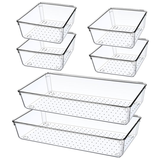 6 PCS Large Size Clear Plastic Drawer Organizer Tray, 12'' Acrylic Vanity Bathroom Drawer Organizers Trays, Desk Drawer Organizer Bins for Cosmetic, Makeup, Kitchen, Office Drawer Divider Organization