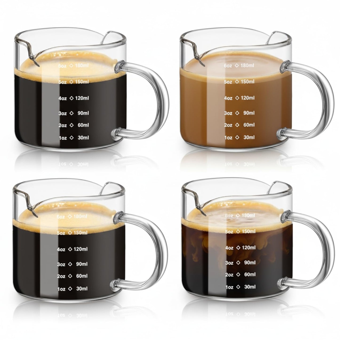 Patelai 4 Pcs 6oz/180ml Espresso Cups, Glass Measuring Cups with Double Spouts & Handle, Scale Espresso Shot Glass Milk Frothed Cup Coffee Accessories for Machines, Milk Frothed, and Bars