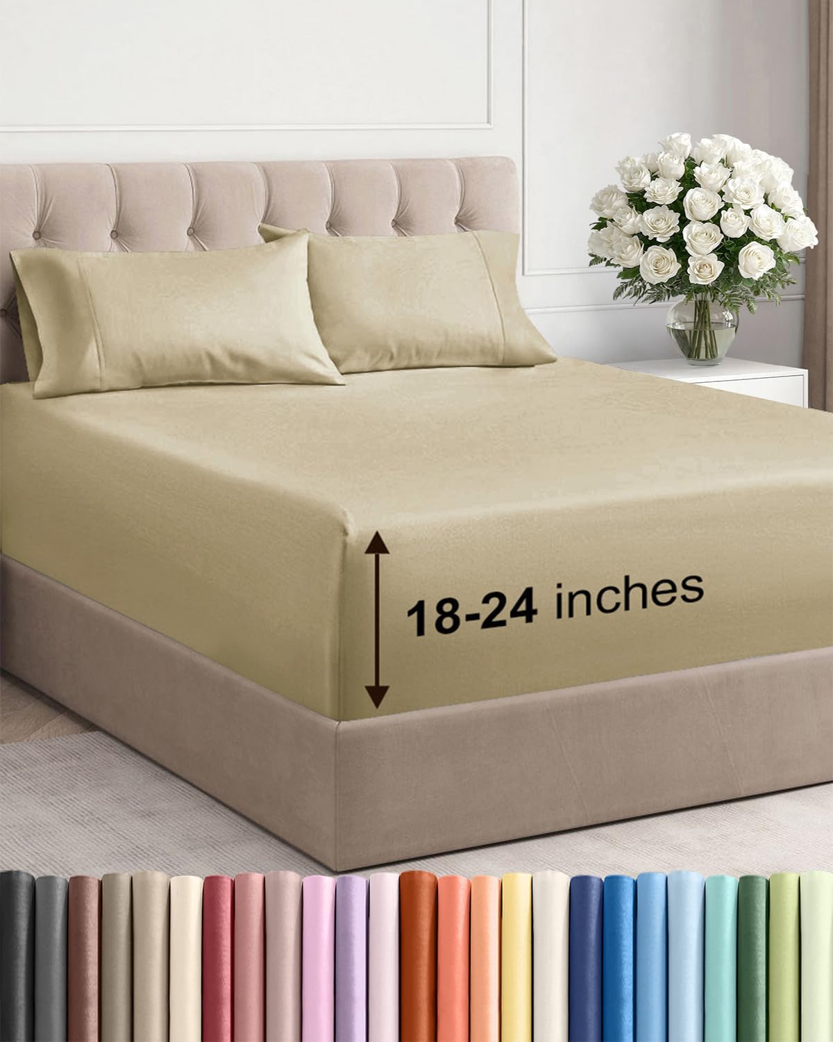 Skiennix Extra Deep Twin Sheet Set - 4-Piece Breathable Cooling Bedding - Soft, Wrinkle-Free Beige