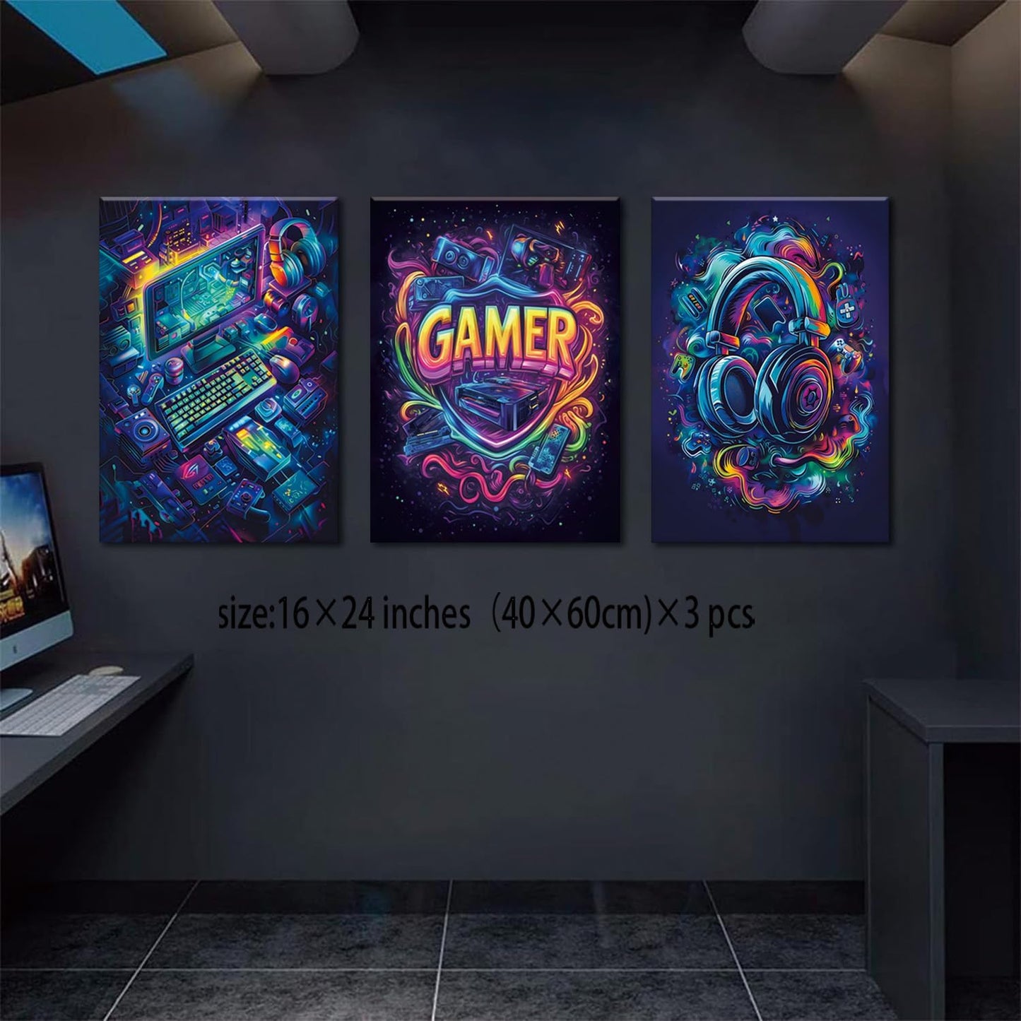 Yolbcdr Gaming Wall Art Set - Cool Canvas Prints for Game Room Decor | Framed 16x24in Posters