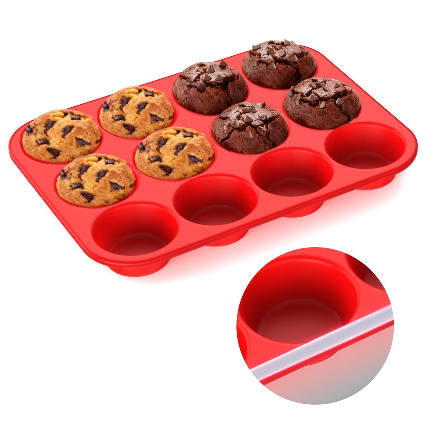 Silicone Muffin Pan for Baking: 12 Cup Muffin Pan with Metal Reinforced Frame, Regular Size Cupcake Egg Bites Molds for Baking, BPA Free Silicone Muffin Tray, Dishwasher Safe (1 Pack, Red)