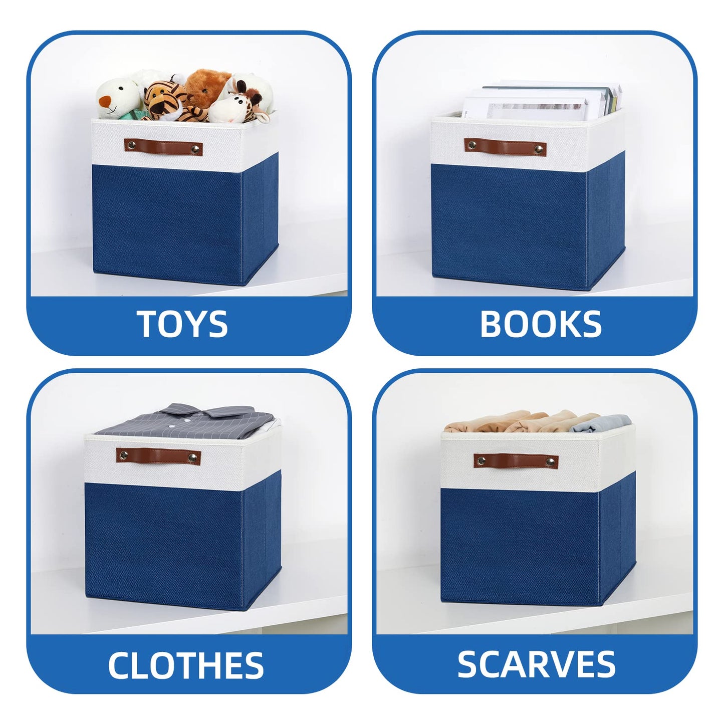 Temary Collapsible Storage Boxes - 12x12 Blue Cube Storage Bins with Handles for Organizing Home, White&Blue