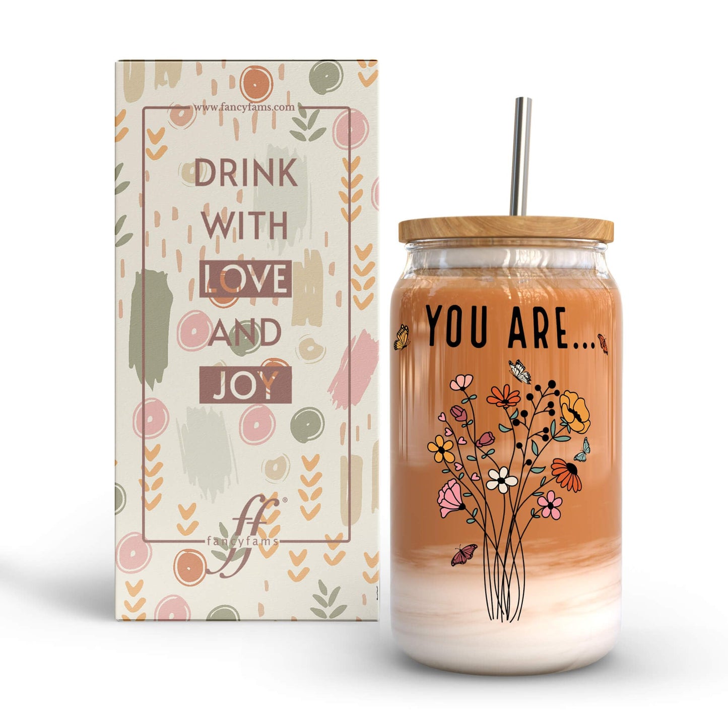 Fancyfams 16 oz Glass Drinking Cup with Bamboo Lid, and Straw, Women of the Bible Drink Cup, Christian, Religious, Mothers Day, Birthday Gifts for Women, Affirmation, Jesus Coffee Jar (You Are)