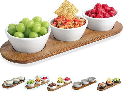 Artena 10oz Ultra-Fine Porcelain Chips and Dip Serving Platter - Acacia Tray & White Dipping Bowls