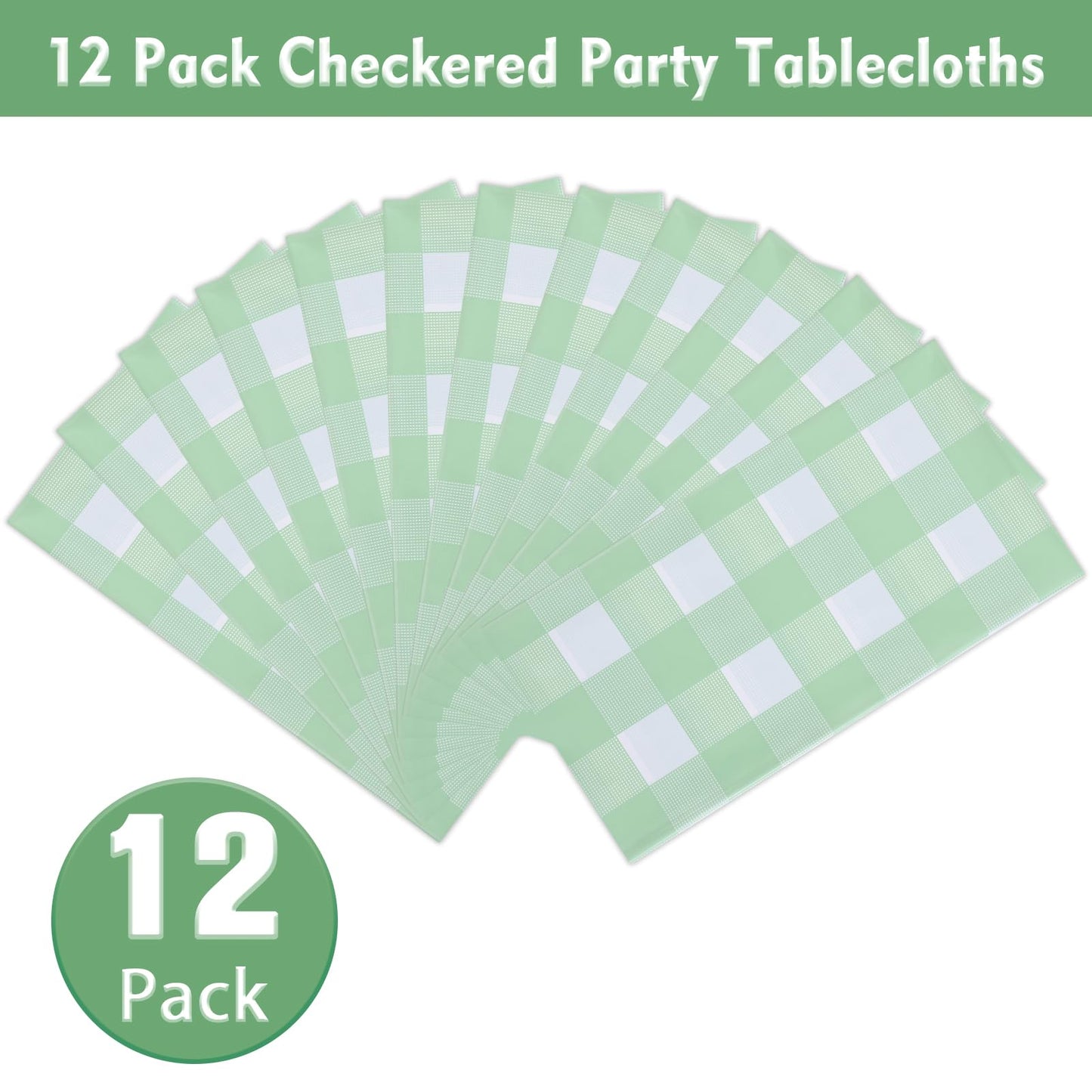 Kesfey 12 Packs Sage Green Gingham Tablecloth Sage Green and White Checkered Table Cloths 54 x 108 Inches Disposable Plastic Gingham Tablecovers Waterproof Picnic Camping Table Covers for Baby Shower