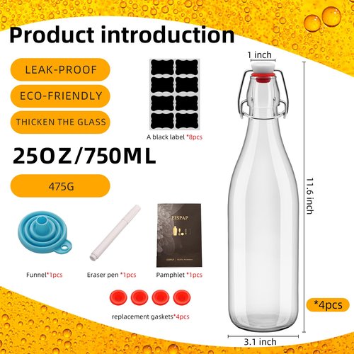4Pcs 25oz Swing Top Glass Bottles 750ml, Flip Top Glass Bottle with Airtight Lid for Fermentation, Kombucha, Mead, Vanilla Extract, Coquito, Vinegar, Beer, Kefir, Wine, Soda, Juice, for Home Brewing