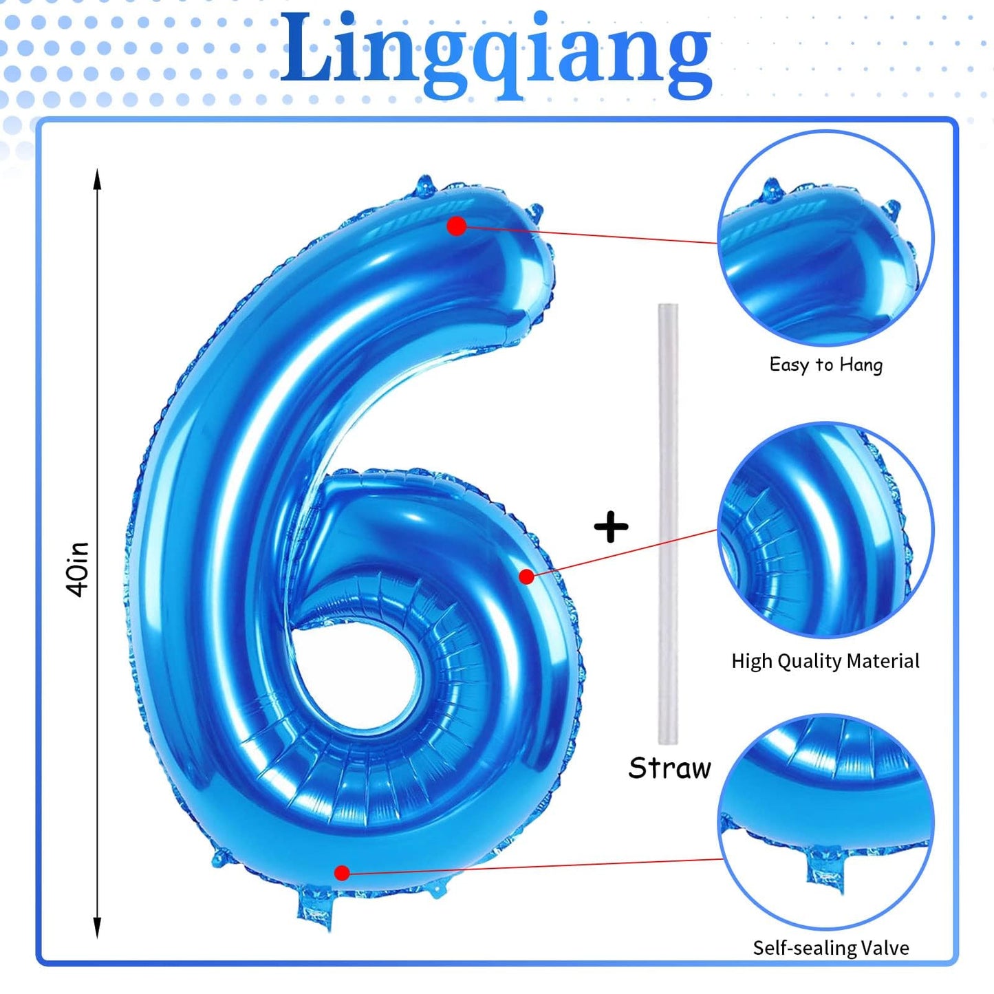 40 Inch Blue Large Numbers Balloons 0-9, Self Inflating Foil Number 6 Helium Balloons for 6th Boys, Big Digit 6 Balloons for Men 16th 60th Birthday Party Anniversary Graduation Supplies Decorations