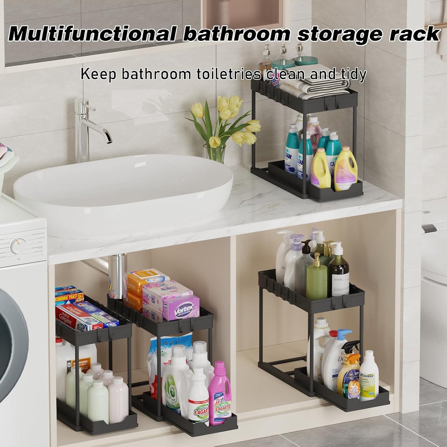 Under Sink Organizer - 2 Pack Bathroom Storage with Pull-Out Sliding Drawers | 12.8 Inch, Black