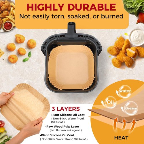 Air Fryer Liners - 150 Pcs Non-Stick 6.5-Inch Square Parchment Paper for Air Fryer & Steamer