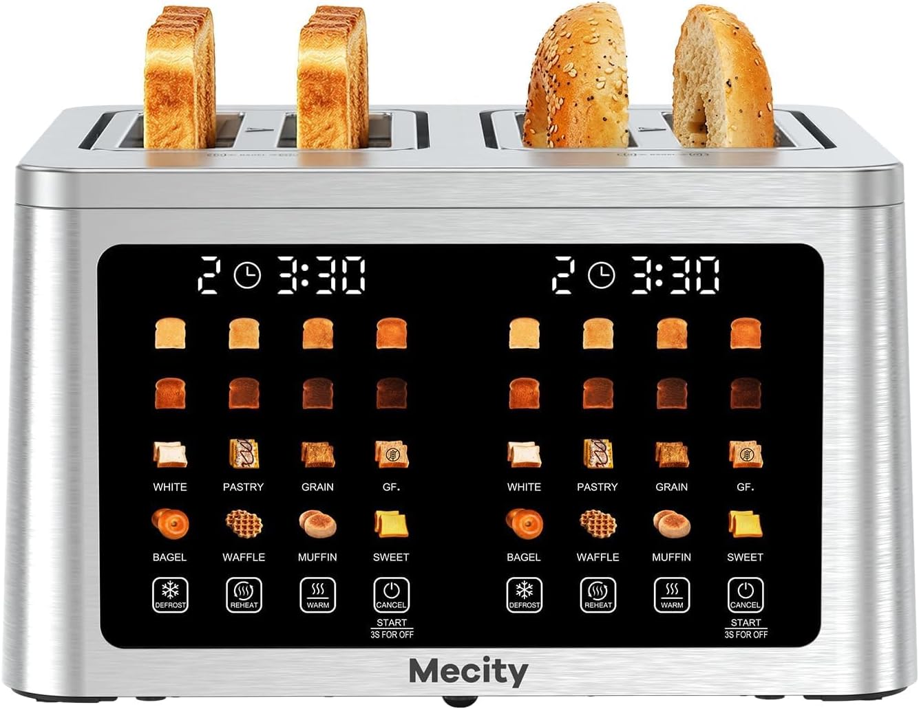 Mecity 4-Slice Toaster - Smart Touch Screen, Dual Control, Auto Shut Off | Perfect for Bagels & Gluten-Free Breads