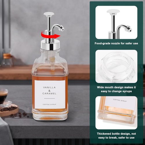 Coffee Syrup Dispenser - Clear Glass Pump Bottles for Coffee Bar | Refillable Maple Syrup Storage, 500ml, Set of 2