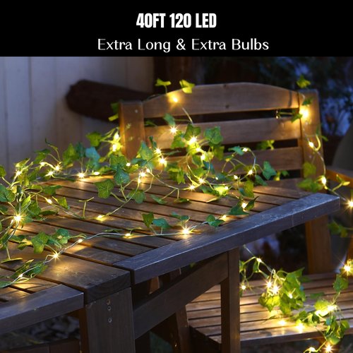 Extra Length 40ft 120 LED Vine with Fairy Lights Pothos String Lights USB Plugin & Battery Operated Leaf Lights with Timer 8 Modes Remote Decorative Light for Bedroom Wedding Party - Warm White