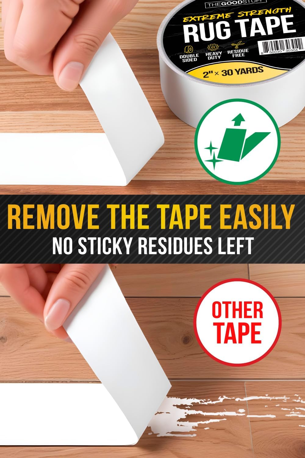 The Good Stuff Double-Sided Carpet Tape - Heavy-Duty Non-Slip Gripper for All Floors | 2"x10yd, No Residue