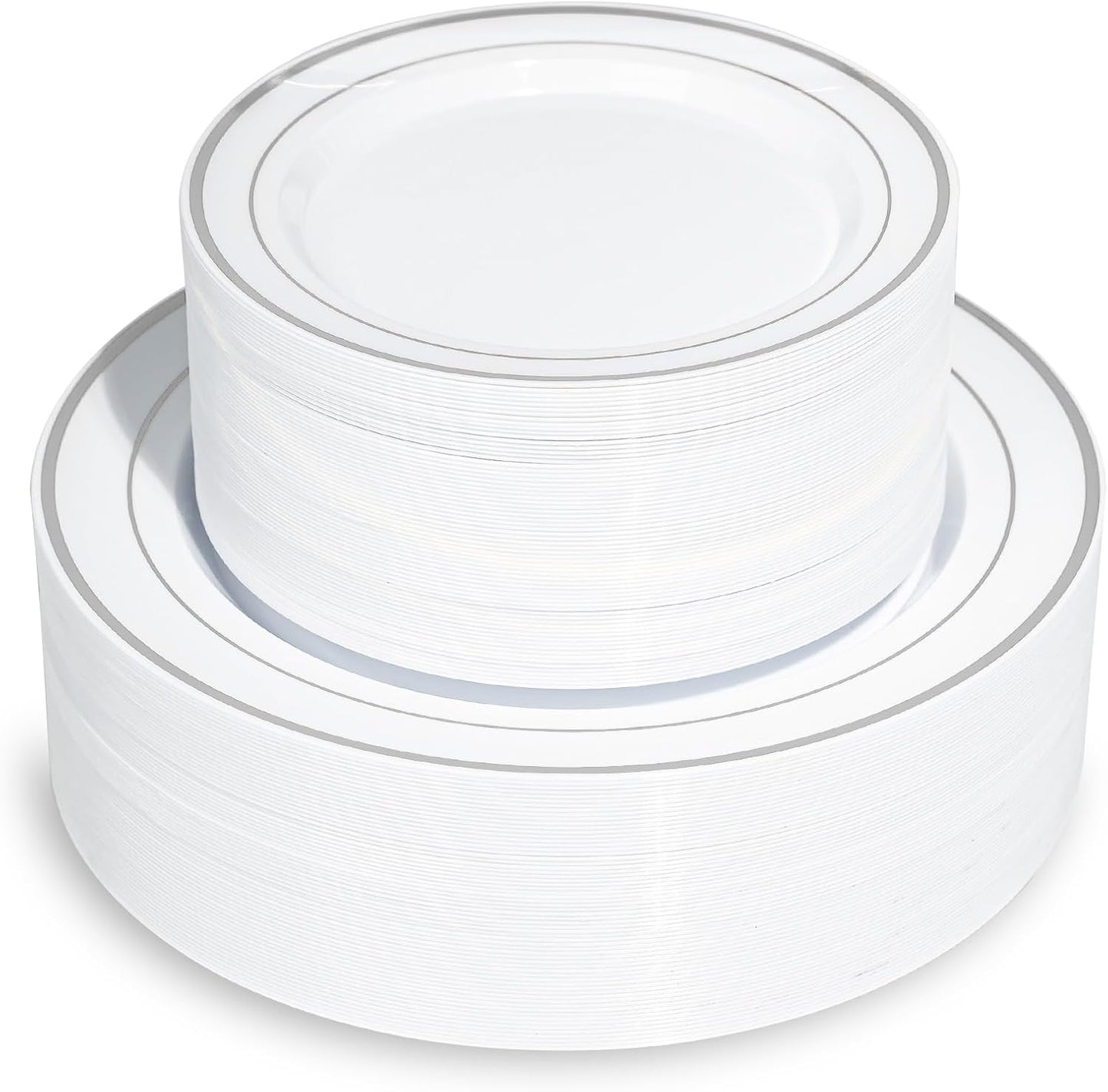 Regine Switzerland Disposable Plastic Plates - 200PCS Silver & White Dinner and Dessert Plates for Parties & Weddings