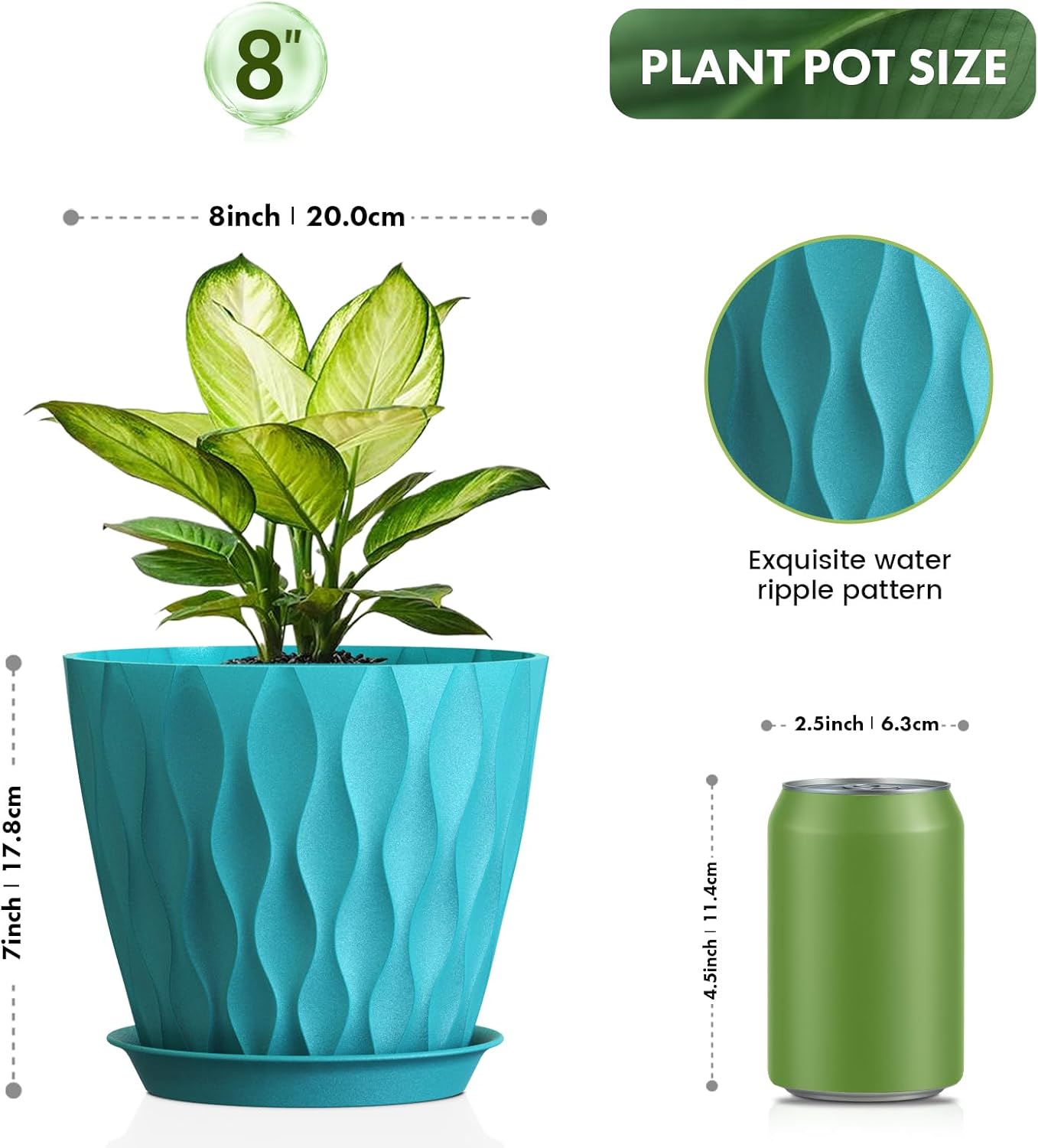 UOUZ 8-Inch Plastic Plant Pots - 4 Pack Indoor/Outdoor Planters with Drainage Holes & Saucers | Waffle Texture