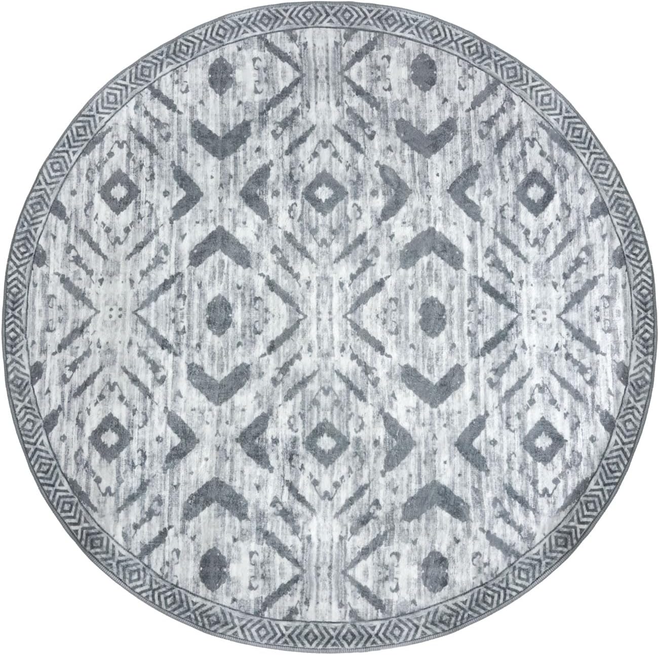 KILOCOCO Round Area Rug 5ft Rug for Living Room Bedroom Machine Washable Non Slip Printed Boho Rugs Low-Pile Soft Circle Rugs for Kitchen Dining Geometric Moroccan Carpet, Grey White