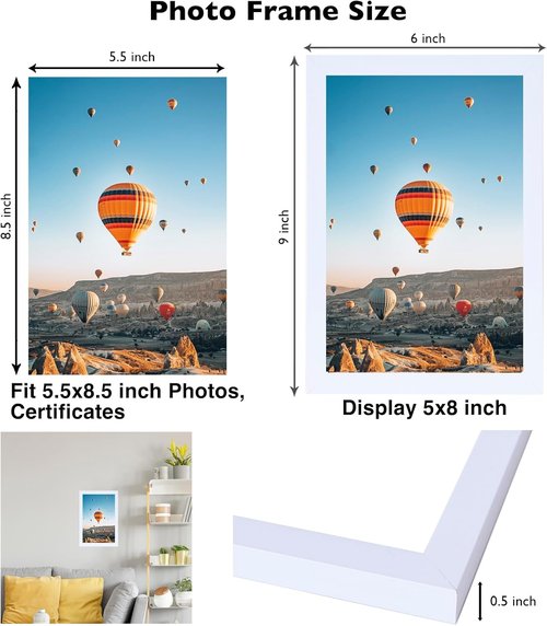 JCJMY Picture Frame 5.5x8.5 - White Wall Hanging & Tabletop Display | Shatter Resistant Plexiglass