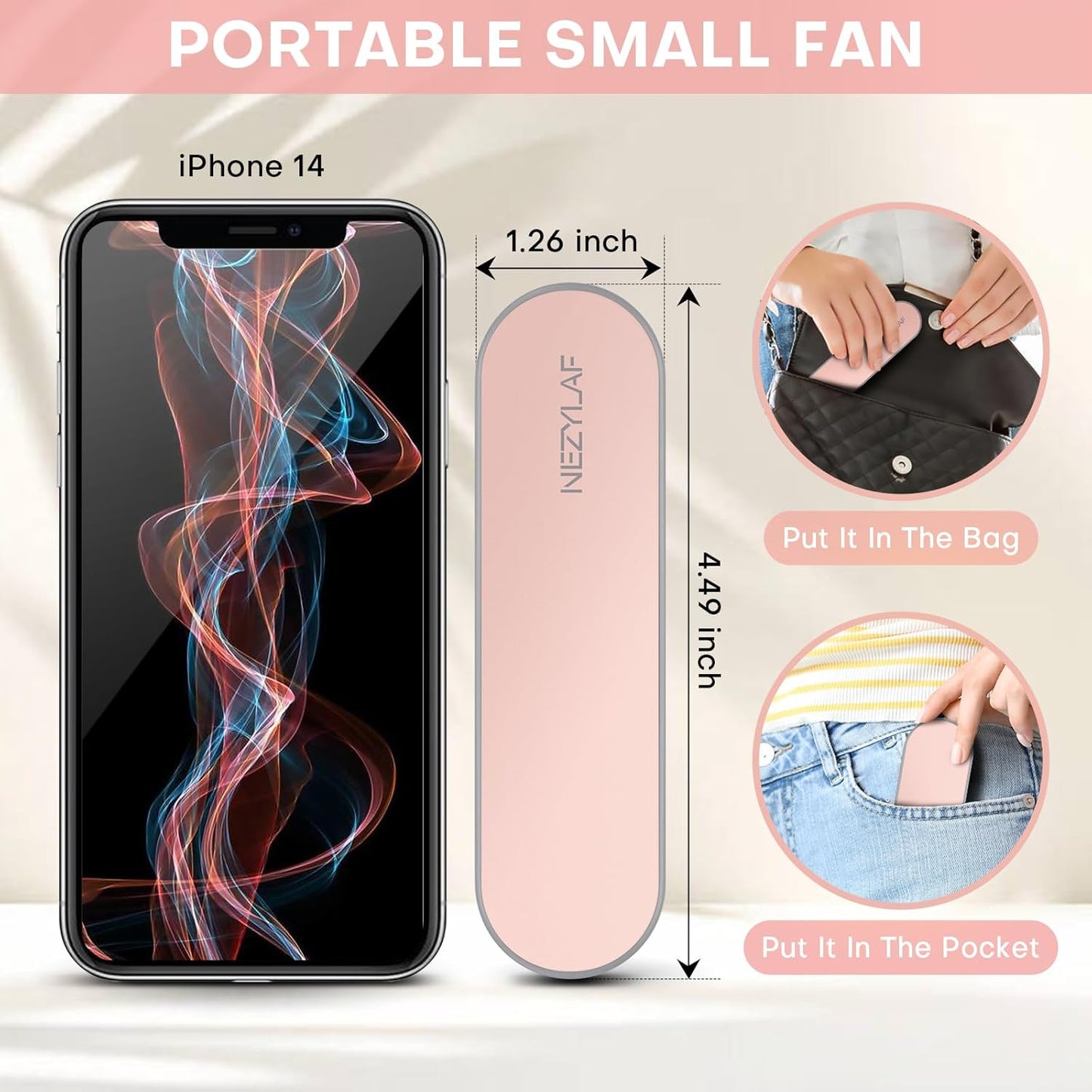 Nezylaf Portable Mini Handheld Fan - Rechargeable Personal Fan for Travel | 9-15 Hours Runtime