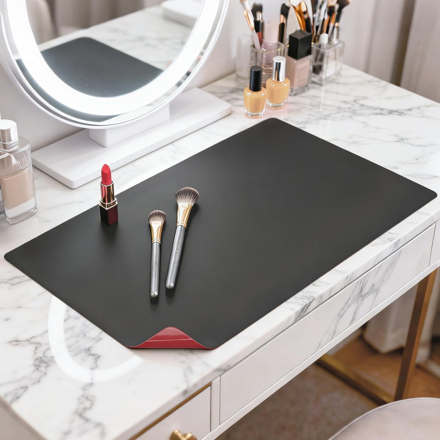 LovePads Makeup Mat for Vanity, 14 x 24 Dual-Sided Desk Pad & Vanity Cover Top, Waterproof PVC Protector Mat for Dresser, Nail Art, Craft Table (Black+Red)