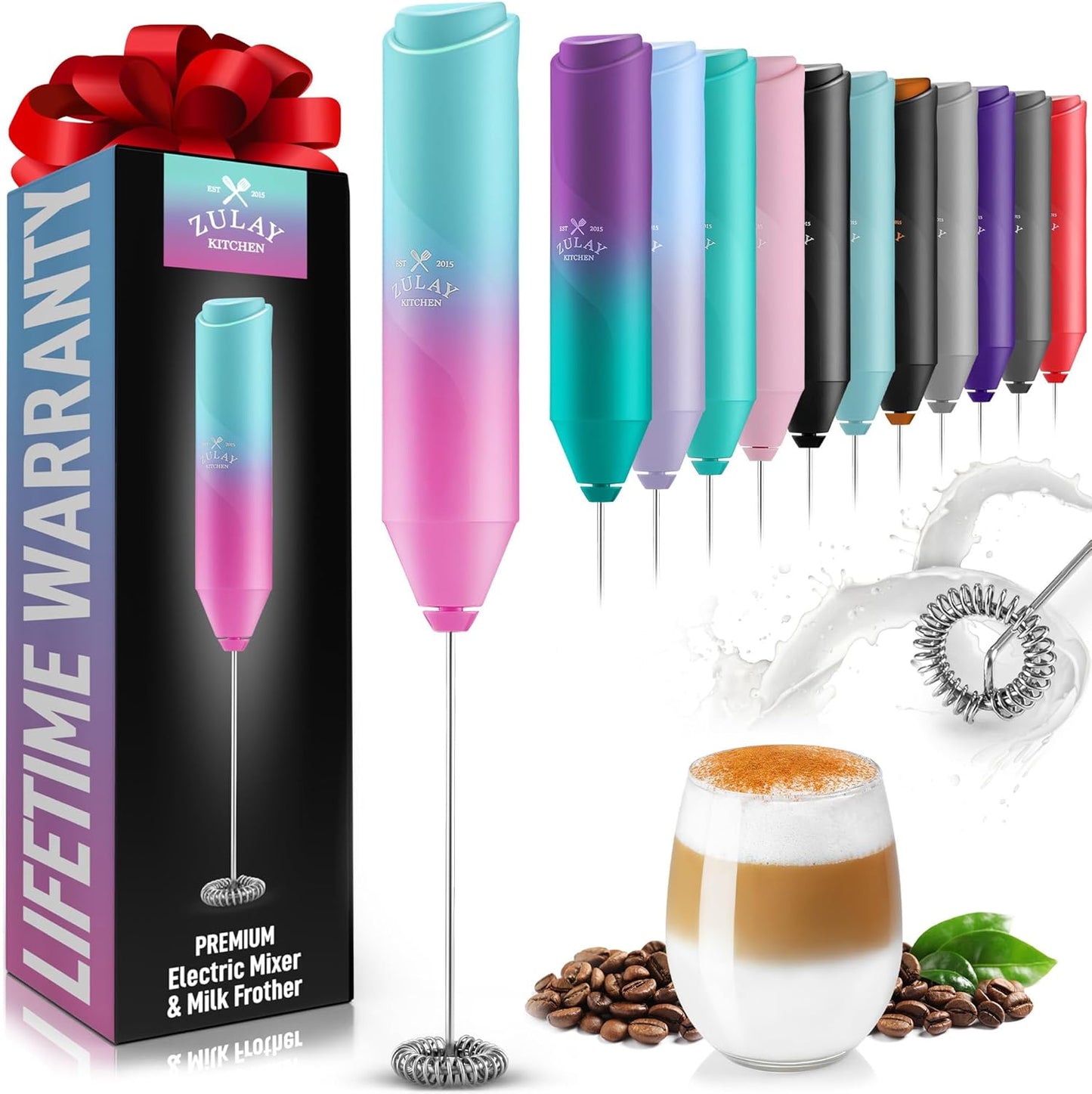 Zulay Kitchen Milk Frother - Handheld Electric Drink Mixer for Coffee & Lattes | Portable Foam Maker - Bright Bubblegum