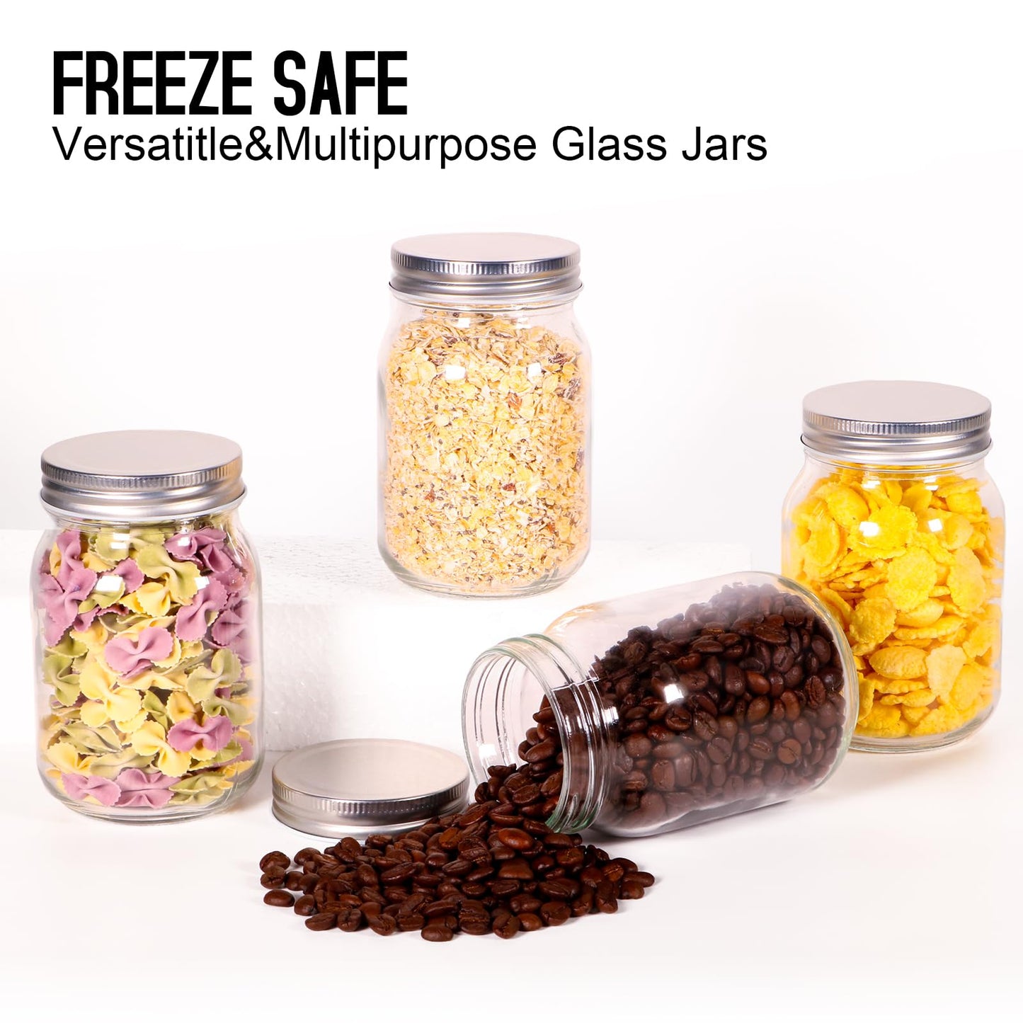 BEWAVE Glass Mason Jars, 16oz Clear Glass Jars with Lids for Sealing, Regular Mouth Canning Jars for Food Storage, Snacks, Candies, DIY Projects, 4 Pack