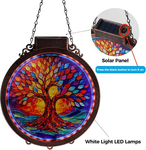Hoikwo Solar Powered Suncatcher | Tree of Life Design | 8.6" Stained Acrylic Window Decor for Gardens & Porches