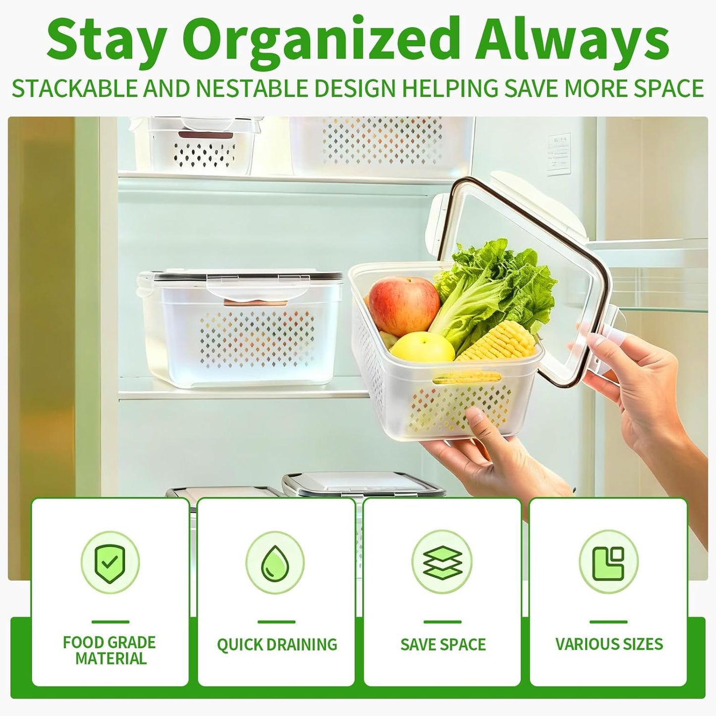 PRAKI 5-Pack Large Fruit Storage Containers - BPA-Free Fridge Organizers with Removable Colander