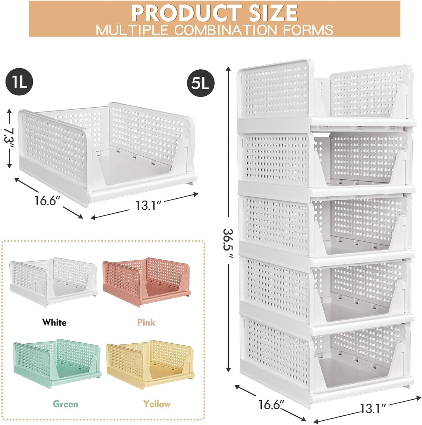 Stackable Closet Storage Baskets by [Brand Name] - Multifunctional & Foldable Organizer | Waterproof, Space-Saving Design, White - 5 Pack