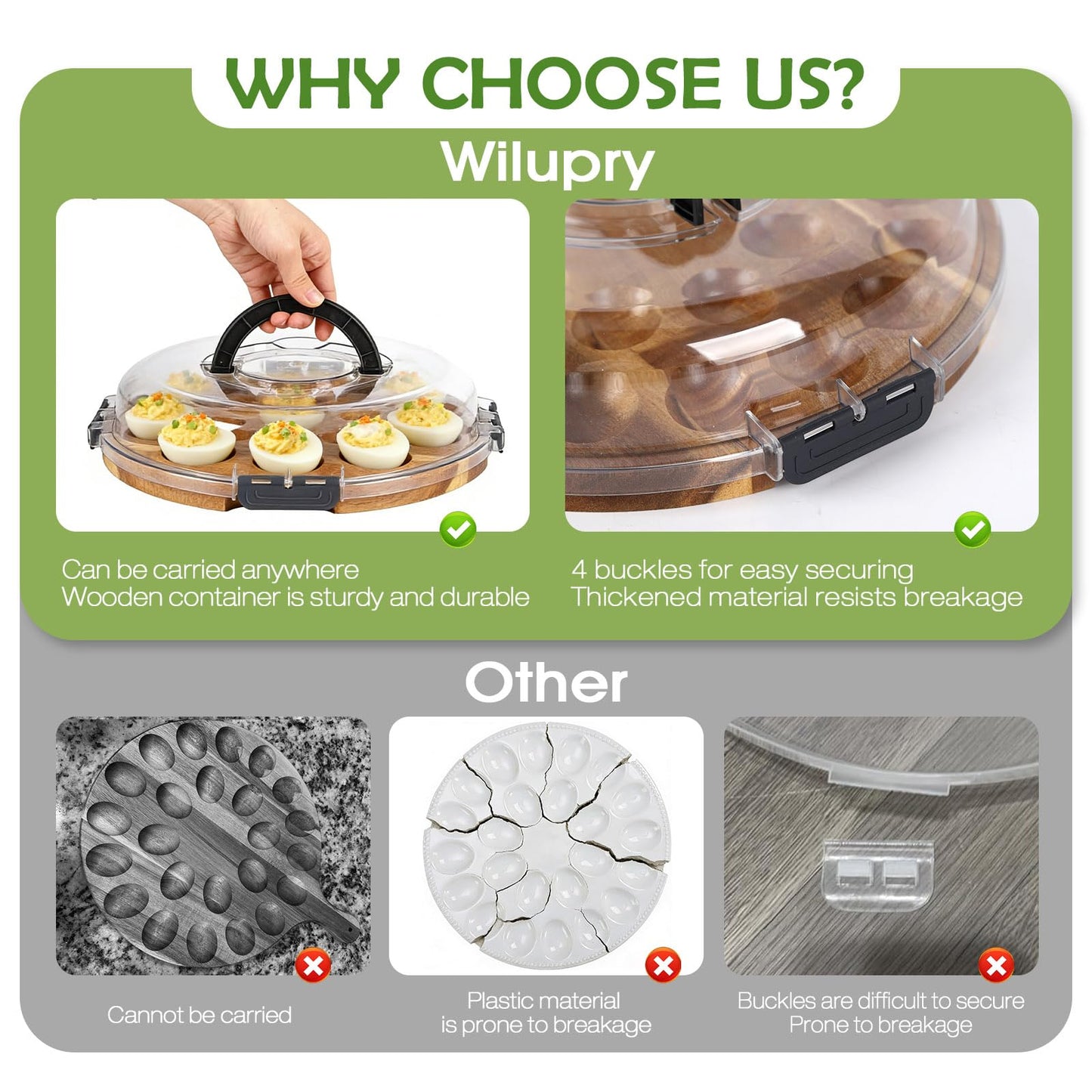 Wilupry Deviled Egg Containers with Lid, Deviled Egg Platter Tray Carrier Plate Holder with 24 Slots, Acacia Wood Egg Dish for Easter Gift Party Holiday Kitchen Home