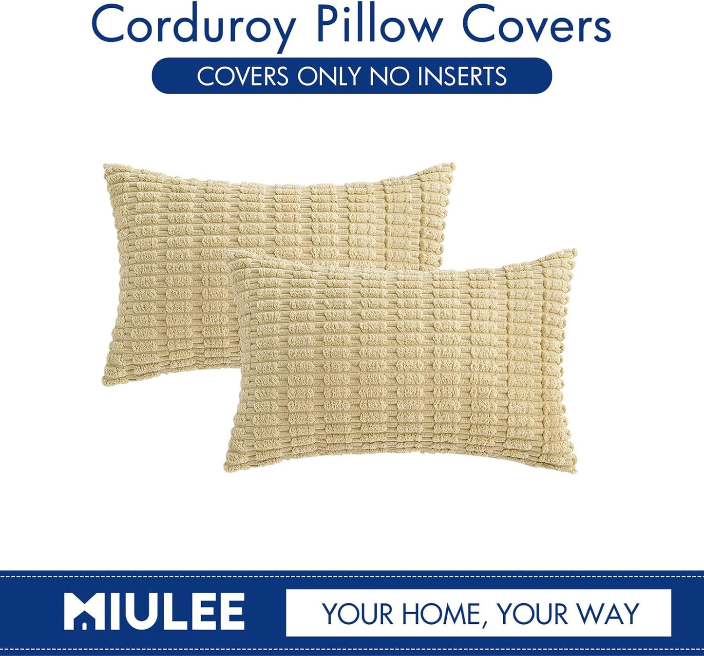 MIULEE Corduroy Lumbar Throw Pillow Covers - Soft Boho Striped Design, 20x12 Inch, Beige | Modern Farmhouse Decor