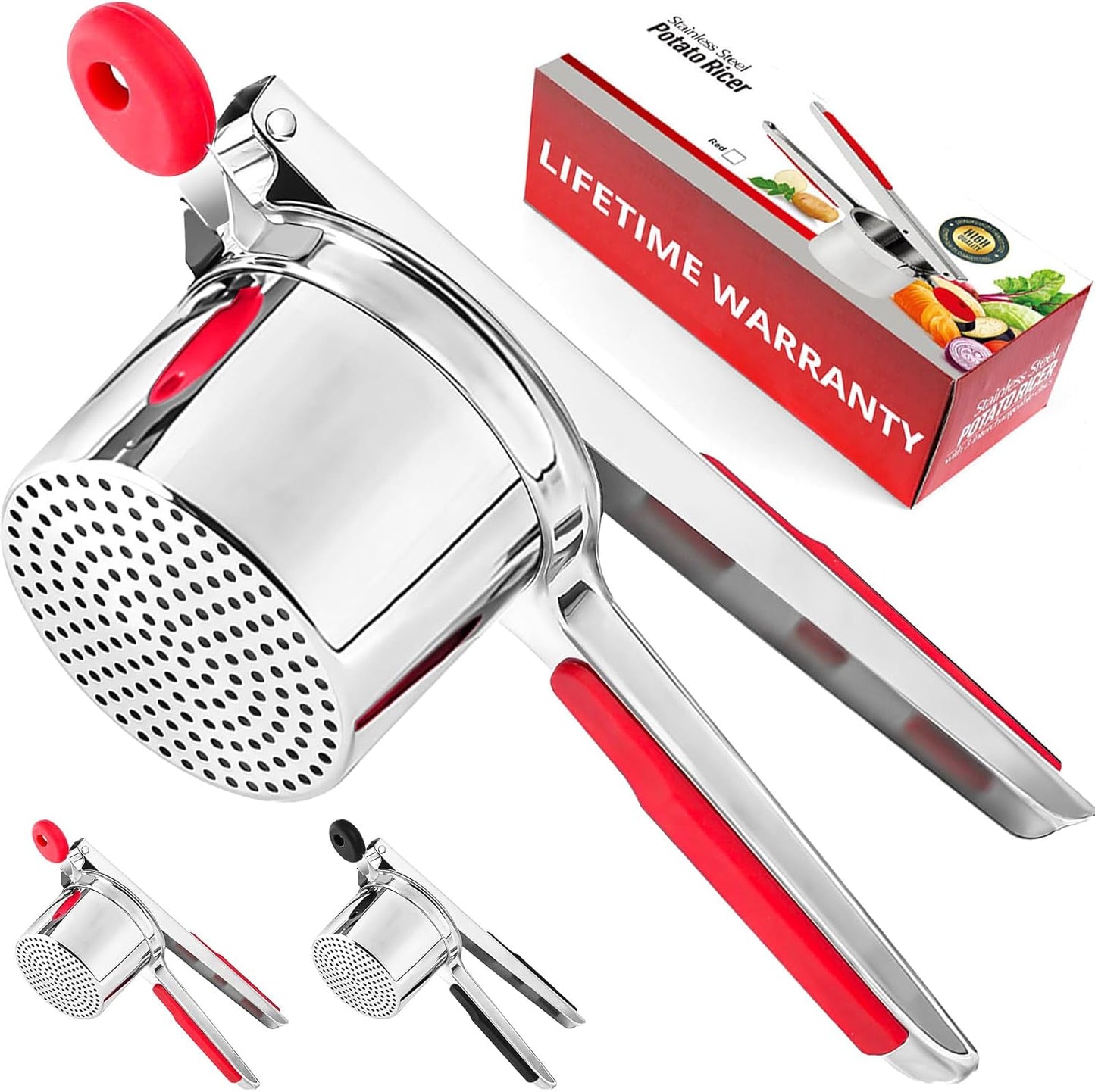 Skiennix 15 Oz Stainless Steel Potato Ricer - Heavy Duty Masher with Silicone Grip for Smooth Purees