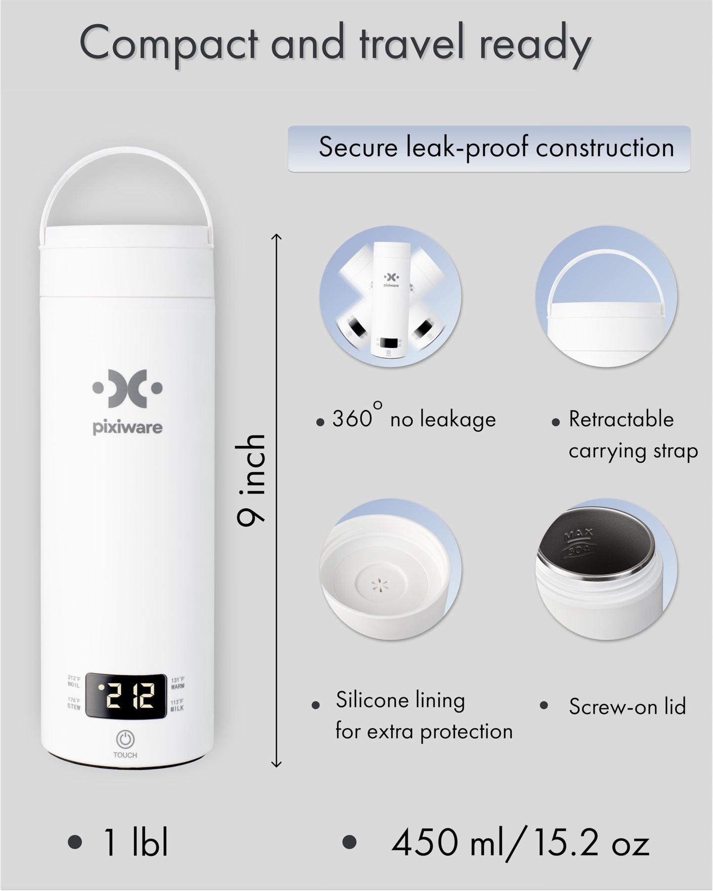 Pixiware Travel Kettle Twist Lid for Hot Water on the Go 450ml – Small Portable Mini Electric Kettle – 4 Smart Temp Presets – Auto Shut-Off – Leak-Resistant – Stainless Steel BPA-Free 304
