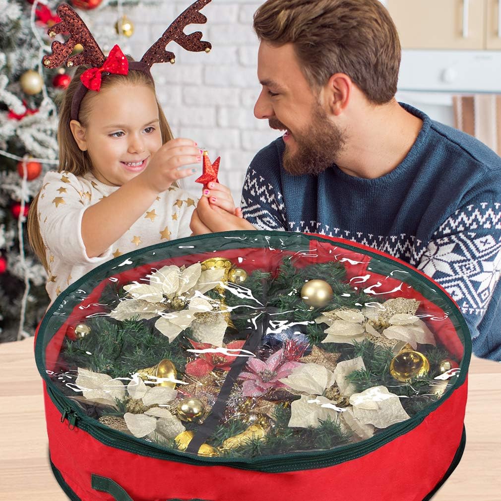 Primode Christmas Wreath Storage Bag 30" - Durable 600D Oxford Container with Clear Window for Easy Holiday Storage (Red)