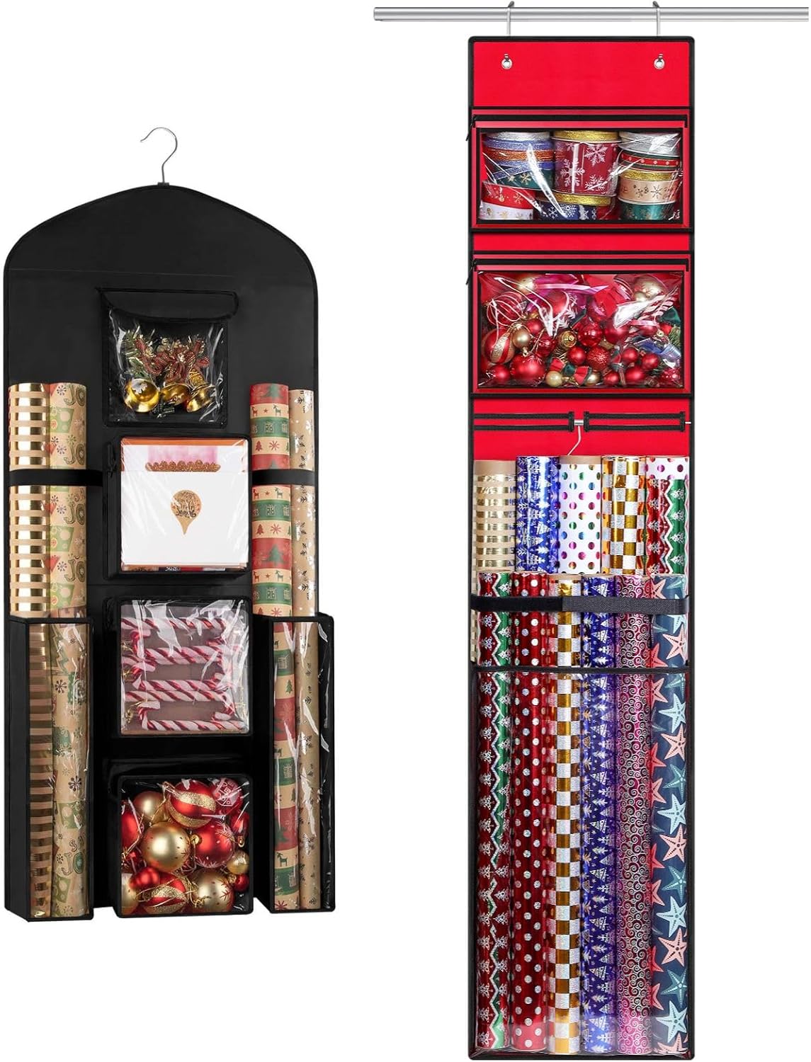 Woodoulogy Hanging Gift Wrapping Paper Storage - 40x17 Black Organizer & 63x13 Red Over-Door Bag